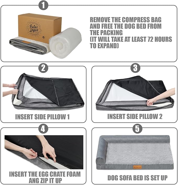 Patas Lague Orthopedic Large Dog Bed Pet Sofa Beds 56''X40''Dark Grey | L Bolster Egg-Crate Foam Dog Couch For Large Sized Dogs, Waterproof Removable Washable Cover, Pet Mat with Nonskid Bottom - Image 7