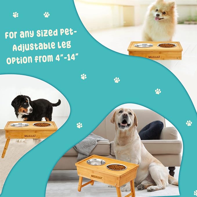 Morvat Raised Bamboo Wood Double Pet Feeder, Adjustable to 3 Heights, Elevated Feeding Station Stand for Small Medium & Large Dogs Puppies & Cats, Includes 4 Stainless Steel Food & Water Dish Bowls - Image 6