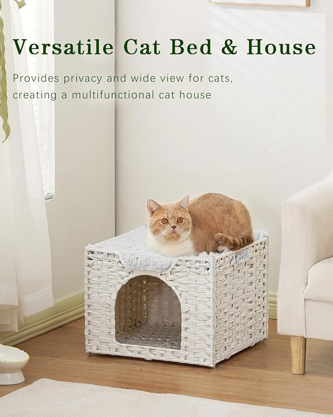 SETVSON Cat Beds Indoor Kitten House, Handwoven Rattan Cave, White | 2-in-1 Kitty Condo with Top Perch & Bottom Cave, Furry Canvas Dual Cushion, 2 S-Hooks, Steel Frame, 16.5x16.5x13.2 In - Image 7