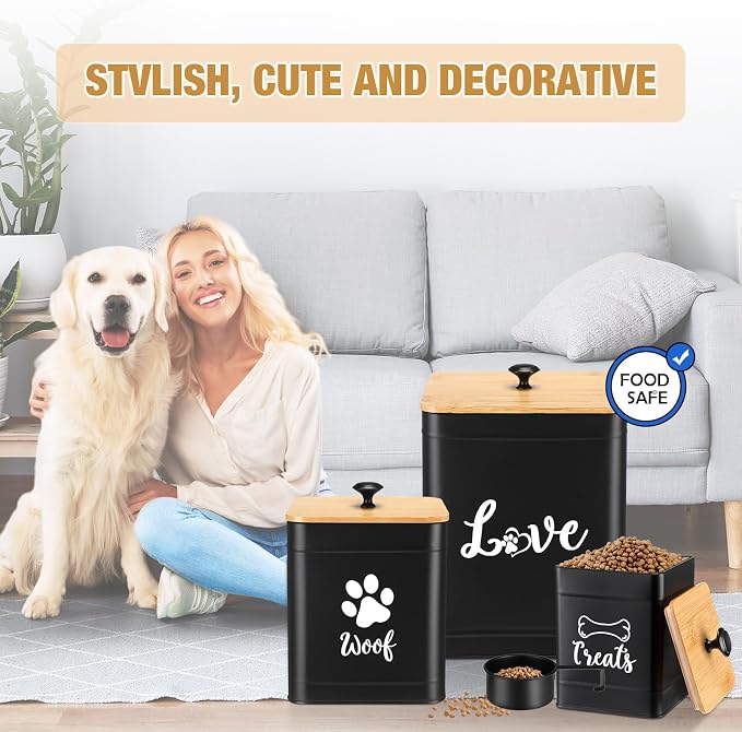 Jingmore Metal Dog Treat Containers Set of 3 with Bamboo Lids and Spoon Airtight 7+3+2 lbs Dog Food Snack Jars with DIY Labels Big Pet Cookie Storage Jar for Kitchen Counter(Black,Classic) - Image 6
