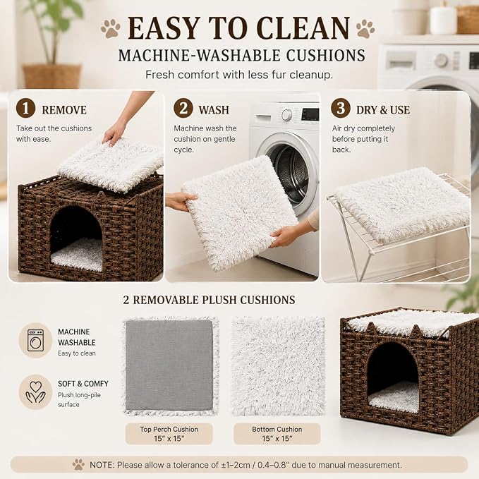Cat Bed with Ears - Handwoven Rattan Cat Cave House for Indoor Kittens, Foldable Hideaway with 2 Removable Cushions, 16.5x16.5x13.2 Inch Natural Pet Cube for Living Room/Bedroom Brown - Image 6