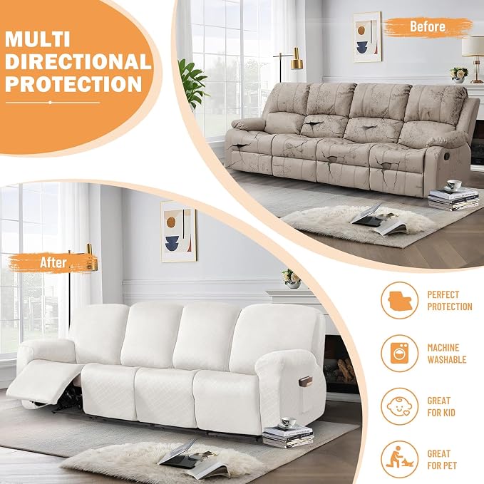 vctops Diamond Recliner Sofa Covers 10-Pieces Stretch Large RV Couch Covers for 4 Seats Reclining Slipcovers Soft Solid Furniture Protector (White,4 Seat) - Image 5