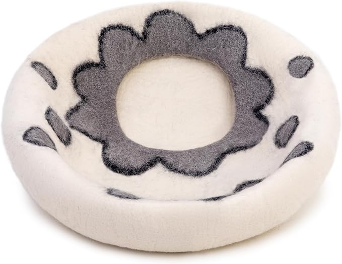 Woolygon Premium Felt Cat Cave Bed – Wool Kitty Beds Handcrafted Kitten Caves Bed for Indoor Cats - Made from Merino Wool, Foldable Cat Hideaway Covered Cat House Pod (White Flower) - Image 5