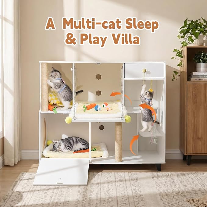 41.3"x19.7"x36.2" Double Cat Litter Box Enclosures,Hidden Litter Box Furniture with Built-in Outlet-Multi-Level 2 Cats with Scratching Post and Storage, Dual cat Litter Cabinet for 2 Litter Boxes - Image 9