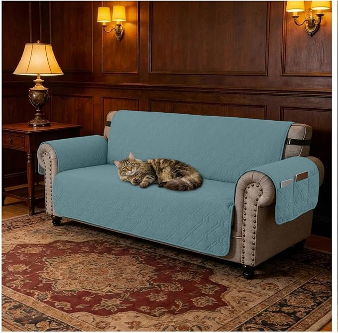 100% Waterproof Quilted Couch Cover,Straps&Pockets,78" Grayishblue | Washable sofa cover, pet-friendly, scratch-resistant furniture protector, quilted sofa cover, reversible, non-slip backing. - Image 7