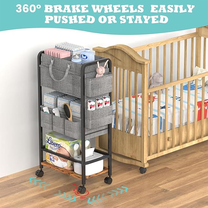 LIDTOP 2In1 Baby Diaper Caddy & 4-Tier Rolling Diaper Cart, Diaper Caddy Organizer Cart with Dividers & Drawer, Mobile Metal Bedside Cart for Nursery Essentials Storage, Large Capacity - Image 7