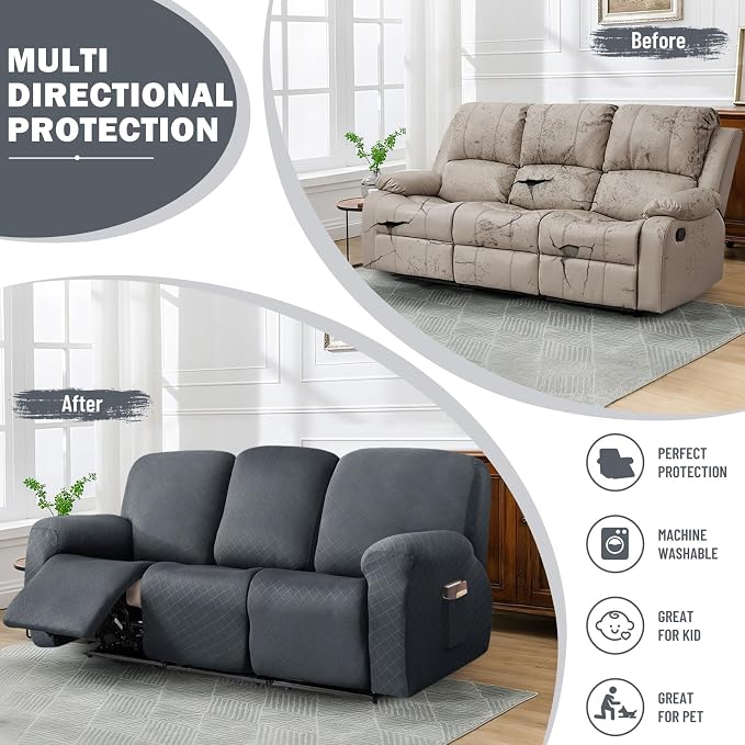 vctops Diamond Recliner Sofa Covers 10-Pieces Stretch Large RV Couch Covers for 4 Seats Reclining Slipcovers Soft Solid Furniture Protector (Grey,4 Seat) - Image 5