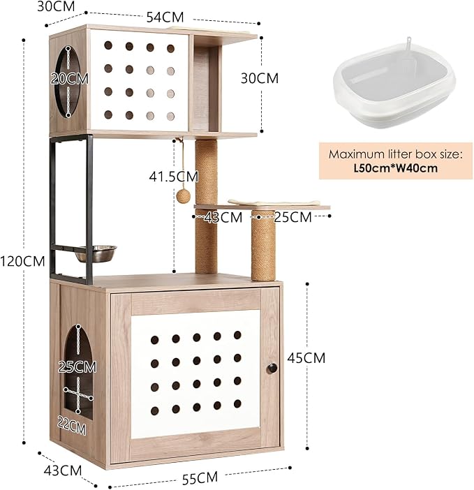 Cat Tree with Litter Box Enclosure, All-in-one Cat Tower for Indoor Cats with Large Hammock, Bed, Food Station, Scratching Posts, Modern Style Pet Furniture, Gray+White - Image 10