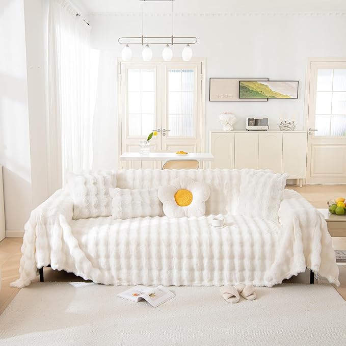 White Faux Rabbit Fur Couch Sofa Cover for 2-3 Seater Couches, XLarge | 1 Piece Fluffy Couch Cover Washable Non-Slip Sofa Slipcover for Dogs Cats Soft Warm Furniture Protector for Home, 71''x134'' - Image 8