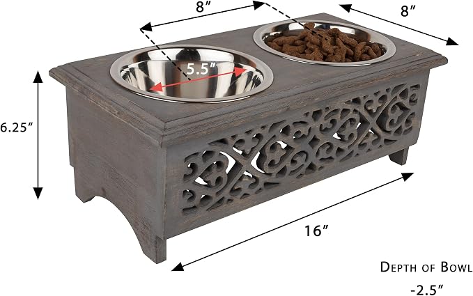 GoCraft Raised Dog Bowls for Small Dogs | Elegant Farmhouse Grey Washed Elevated Wooden Stand Feeder with 2 Stainless Steel Bowls for Your Pet Food & Water - Image 6