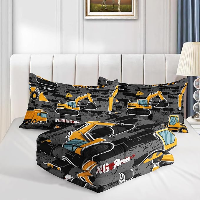 Truck Comforter Set Crane Excavator Engineering Vehicle Printed Bedding Set with 1 Comforter and 2 Pillowcases for Boys and Girls Bedroom All Season(Truck Full) - Image 4