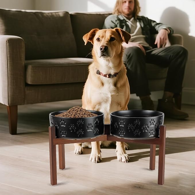 SPUNKYJUNKY Ceramic Elevated Dog Bowl Set with Acacia Wood Stand for Food and Water for Large Dogs (60.87 OZ, Black, Dog Paw Pattern) - Image 6