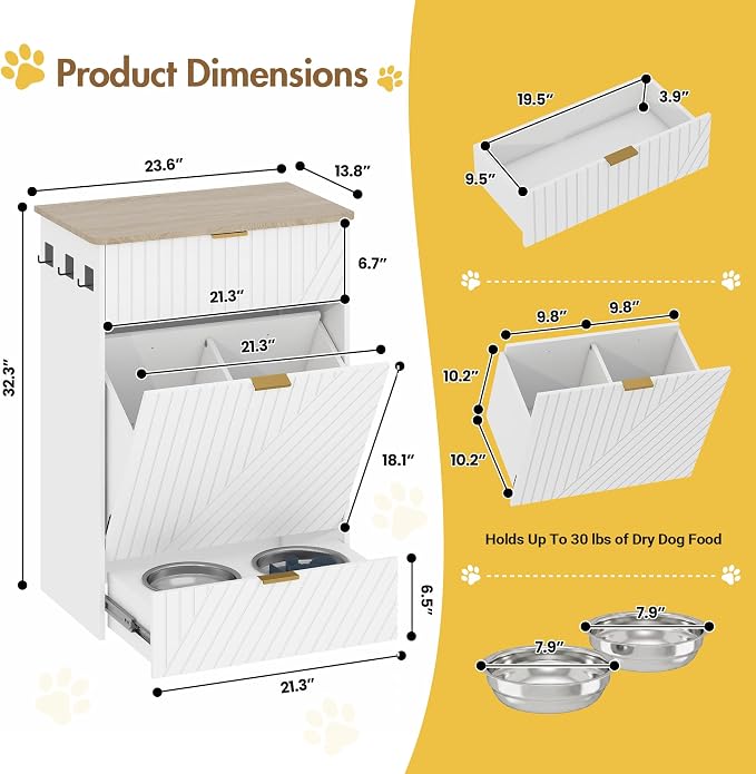 Dog Feeding Station Cabinet, Elevated Bowls with Slow Feeder Insert, White | Slow Feeder Insert, Large food bin, Removable Divider, 3 Side Hooks, Pull-Out Drawer, Easy to Clean for Small & Middle Dogs - Image 9
