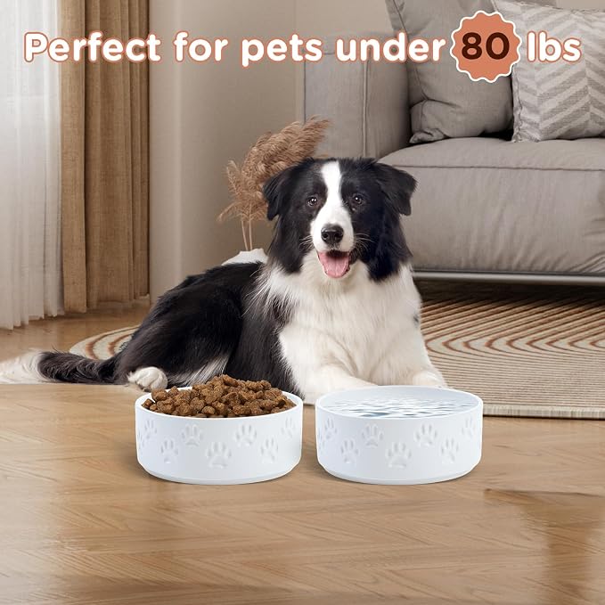 SPUNKYJUNKY Ceramic Dog Bowls 2 Pack, 7.3'' Dog Food Water Double Feeding Bowls Non-Slip for Medium to Large Sized Breed Microwave Dishwasher Safe - 42 OZ, 2pcs, Paw White - Image 6