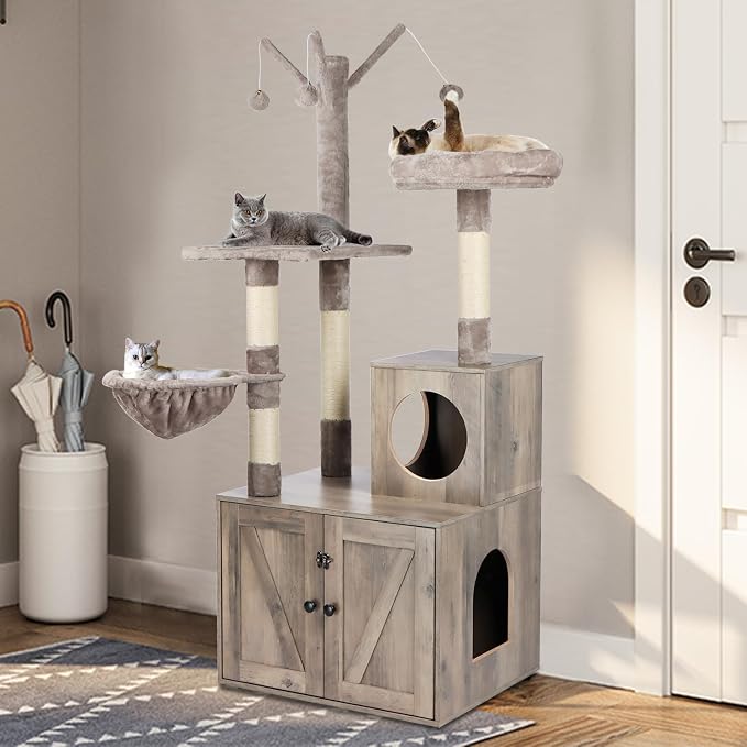 Timberer Litter Box Enclosure with Cat Tree, 2-in-1 Cat Tree Tower, Hidden Cat Litter Box Furniture with Scratching Post, Modern Cat Condo, Grey - Image 9