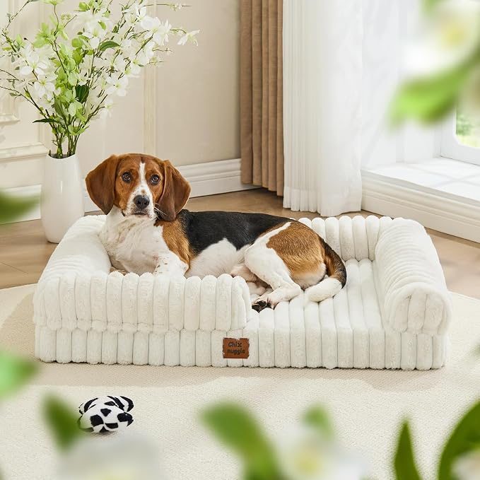 ChiXnuggle Faux Fur Orthopedic Dog Bolster Bed, Waterproof Washable Cover | rectangular dog sofa couch,egg crate foam,non-slip bottom,for large dogs,cream,35*28*7 - Image 9