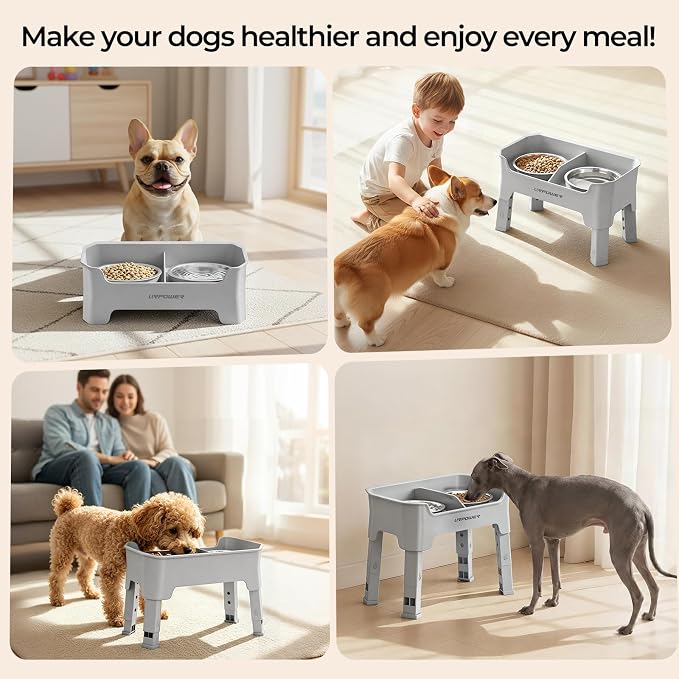 URPOWER Mess Proof Elevated Dog Bowls for Small Dogs with Splash Guard | 4 Height Adjustable Raised Stand with 2 Stainless Steel Food Bowls & Licking Plate for Small, Medium & Large Dogs - Image 7