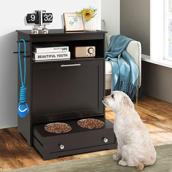 Tangkula Pet Feeder Station, Dog Food Storage Container With Double Pull Out Bowls, Food Toy Organizer Cabinet, Feeding Station Furniture for Dogs Cats Feeding & Watering Supplies (Brown) - Image 9