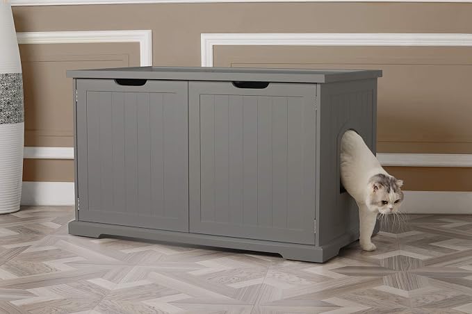 Merry Products Adjustable Pet Cat Washroom Storage Bench Furniture with Removable Partition Wall for All Size Litter Boxes, Gray - Image 8