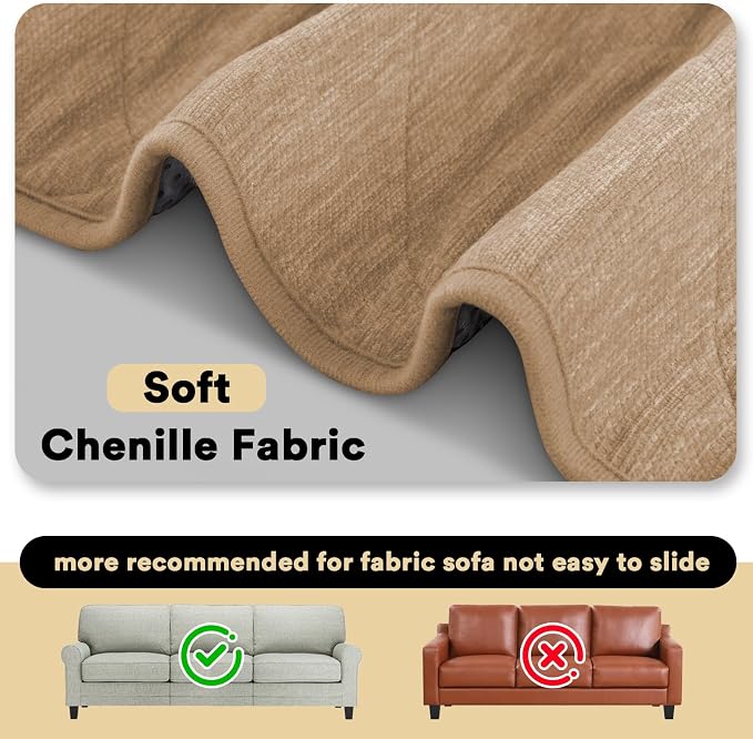 PrinceDeco Couch Covers for Dogs Chenille Sofa Covers for 3 Cushion Washable Quilted Checkered Fuzzy Pet Couch Cover Soft Couch Protector Non-Slip Sofa Pads for Puppy Cat Kids(34.5" x 82", Khaki) - Image 7