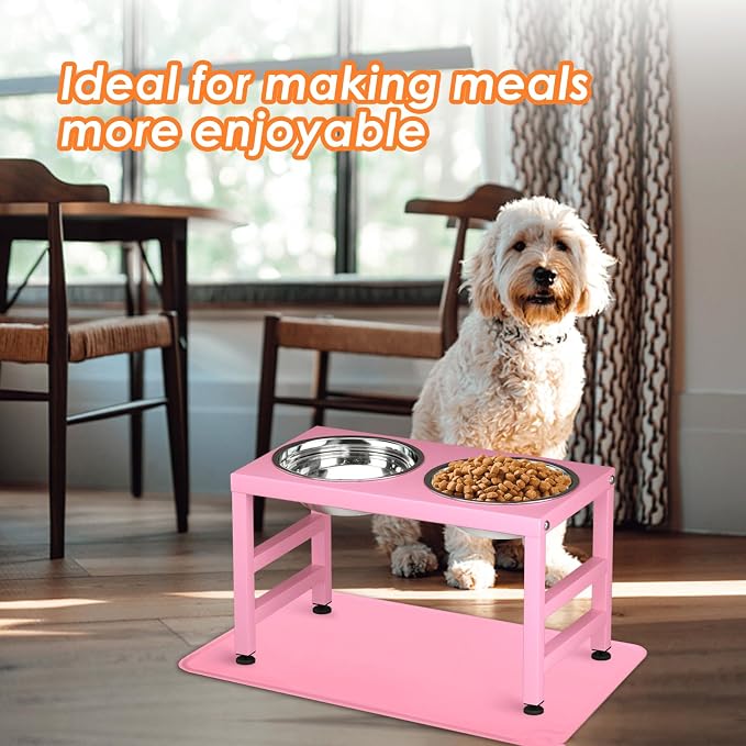 ADENGL Pink Metal Raised Dog Bowl Stand for Large Dogs, Stronger Elevated Dogs Bowls with Sprill Proof Mat, Food & Water Bowl 10in Tall Feeder (42OZ-Stainless Steel Dog Bowls, Mat-12x19 in) - Image 6