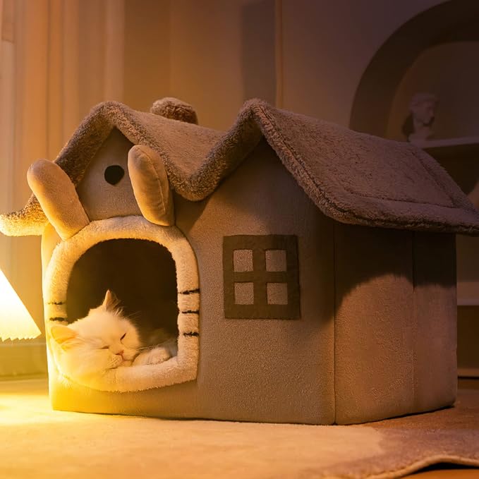 Cat Cave Bed, Warm and Cosy Plush Cat Igloo, Washable Dog Bed with Removable Pillow Cushion, Improve Sleep, Foldable Cat House(M, Brown) - Image 7