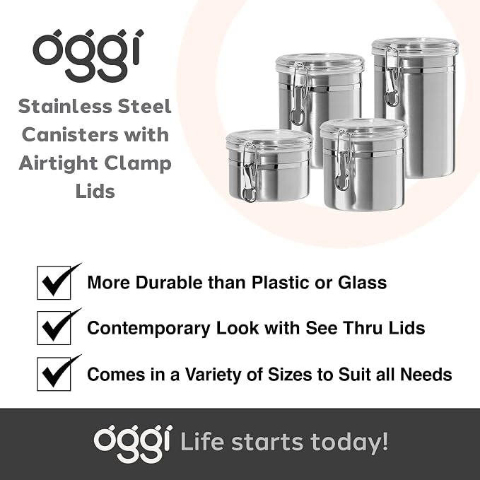 Oggi Set of 4 Stainless Steel Kitchen Canisters - Airtight Clamp Lid, Clear See-Thru Top - Ideal for Kitchen Storage, Food Storage, Pantry Storage - Includes 1 each: 26oz, 36oz, 47oz, 62oz. - Image 7