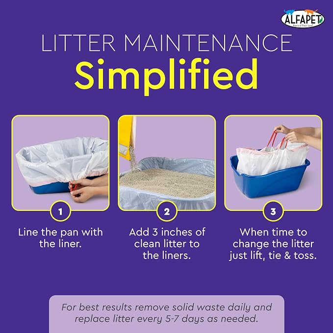 Alfapet Extra Large cat Litter Box Liners-6 Boxes- Heavy Duty 2 mil Thick Plastic, Clever Drawstring Liner for Easy Disposal- Flat Bottom for Easy, Secure Placement in Kitty Pan-Disposable - Image 9