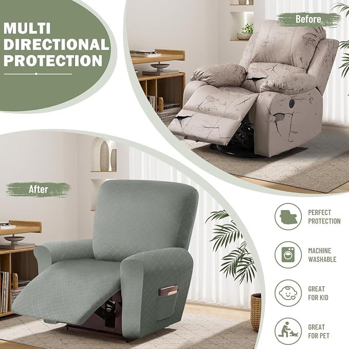 vctops Diamond Recliner Cover 4-Pieces Recliner Stretch Sofa Slipcover 1 Seater Couch Protector Soft Solid Furniture Protector Covers with Elastic Strap (Greyish Green,1 Seat) - Image 5