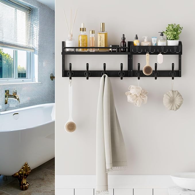29 inch Coat Rack Wall Mount with Shelf, Heavy Duty Coat Hooks Wall Mount, Entryway Coat Hanger Wall Shelf with Key Holders and Mail Organizer for Living Room, Bedroom, Bathroom, Black - Image 9