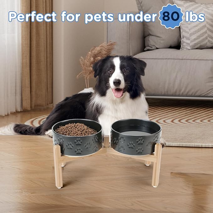 SPUNKYJUNKY Elevated Dog Bowls Ceramic, 7.3'' Dogs Food Water Bowls Raised with Non-Slip Bamboo Stand for Medium to Large Sized Breed Microwave Dishwasher Safe - 42 OZ,Paw Black - Image 7
