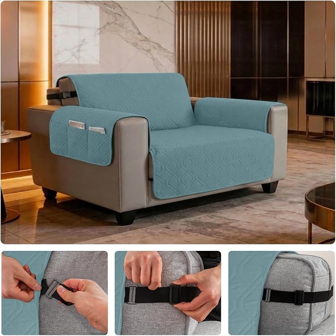 100% Waterproof Quilted Couch Cover,Straps&Pockets,46" Grayishblue | Washable sofa cover, pet-friendly, scratch-resistant furniture protector, quilted sofa cover, reversible, non-slip backing. - Image 6