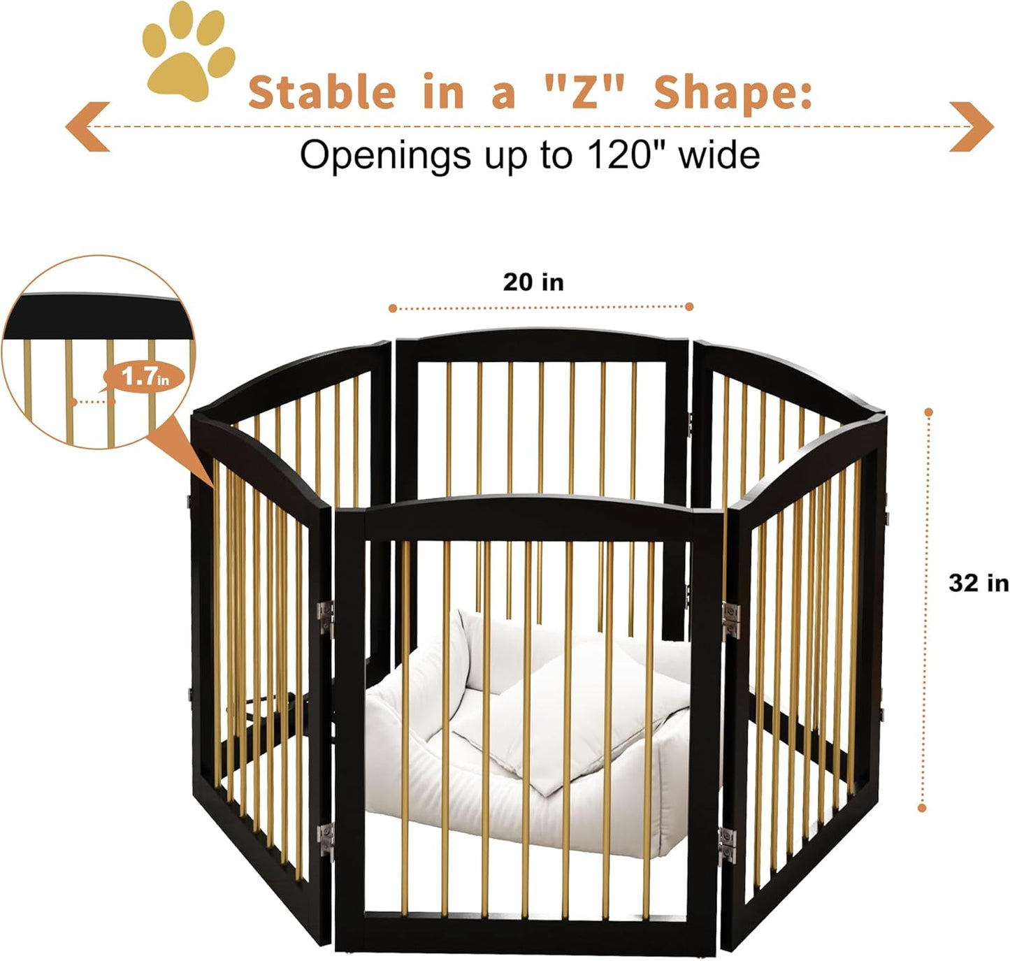 Freestanding Pet Gate for Dogs, Foldable Wooden Dog Gate for House, Extra Wide Indoor Pet Barrier for Stair, Doorway, Hall, Support Feet Included, 120 Inch Wide, 6 Panels 24",Black&Gold