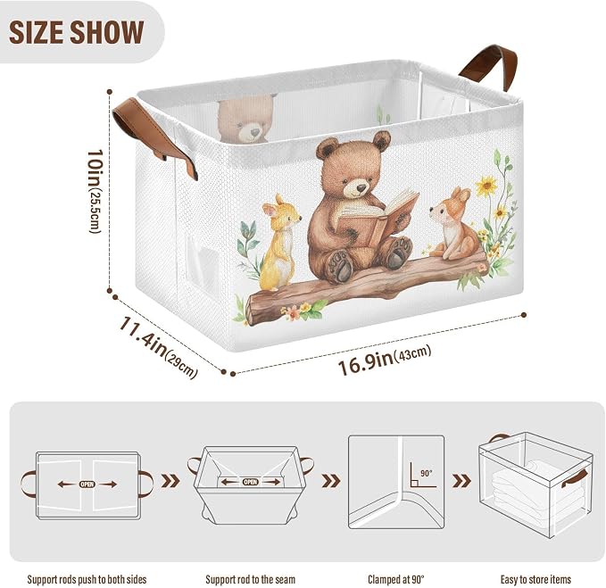 Cute Reading Bear Woodland Animal Storage Basket for Baby with Handles&Label Rectangular Waterproof Nursery Storage Bins Collapsible Organizer Baskets for Kids Cloth Gift Toys Laundry Shelf - Image 7