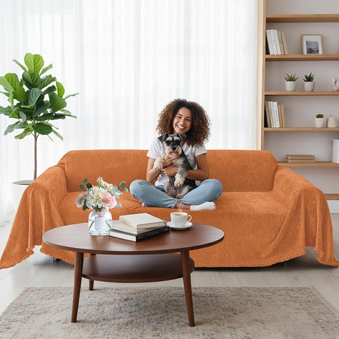 Smiry Couch Cover for Dogs, Chenille Sofa Covers for 3 Cushion Couch | Washable Soft Sofa Slipcover for Pets, Thick Sectional Furniture Protector with Tassels (Orange, 88.5x150 Inch) - Image 12