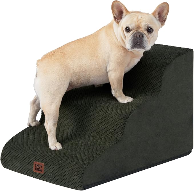 EHEYCIGA Curved Dog Stairs Ramp for Small Dogs 15.7" H, 3-Step Dog Steps for Couch Sofa and Chair, Pet Stairs for Cats, Non-Slip Balanced Pet Steps Indoor, Military Green - Image 9