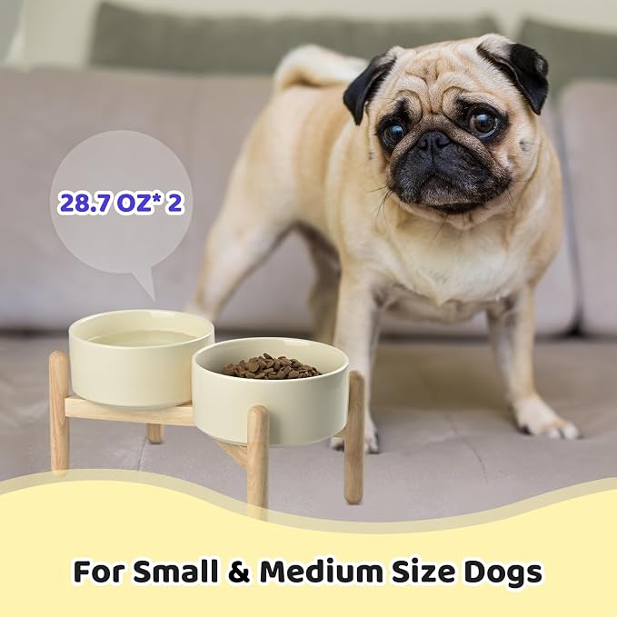 SPUNKYJUNKY Ceramics Raised Dog Bowl with Wooden Stand - Double 28.7OZ Cream White Bowls for Small Medium Dogs - Image 7