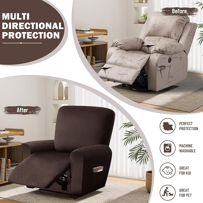 vctops Diamond Recliner Cover 4-Pieces Recliner Stretch Sofa Slipcover 1 Seater Couch Protector Soft Solid Furniture Protector Covers with Elastic Strap (Dark Coffee,1 Seat) - Image 5