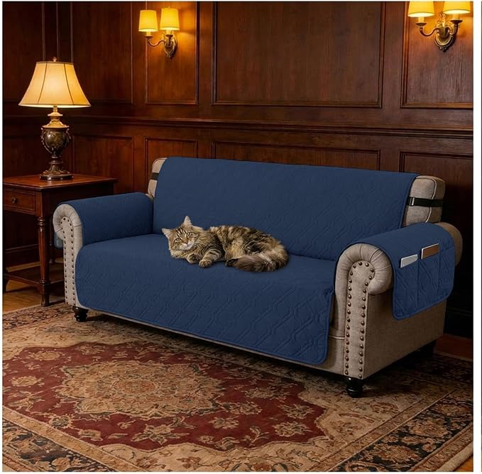 100% Waterproof Quilted Couch Cover,Straps&Pockets,78" Navyblue | Washable sofa cover, pet-friendly, scratch-resistant furniture protector, quilted sofa cover, reversible, non-slip backing. - Image 7