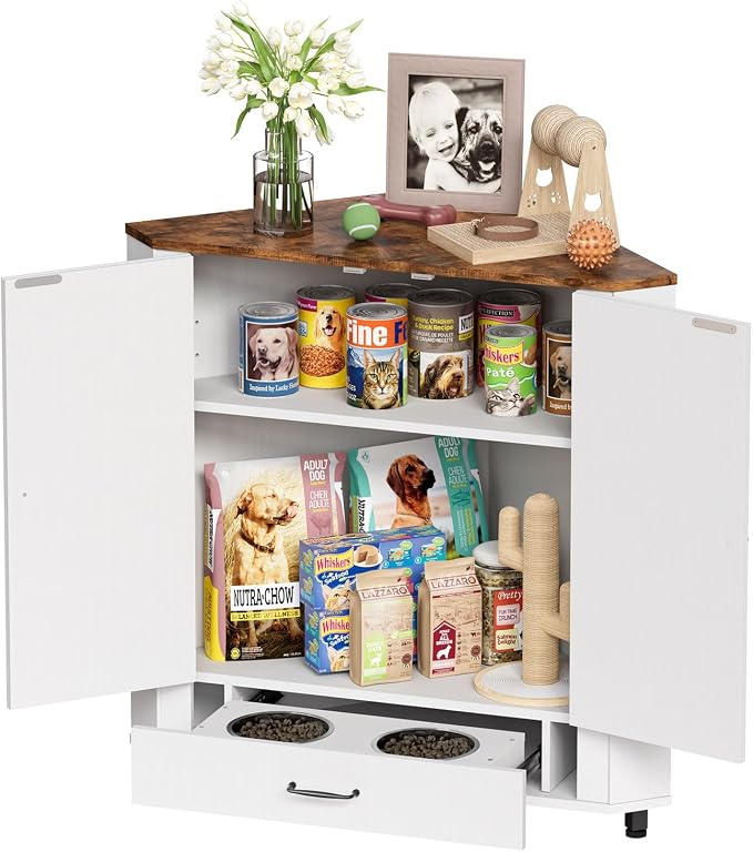 PakaLife Farmhouse Dog Food Storage Corner Cabinet, Dog Feeding Station with 2 Hidden Bowls, Adjustable Panel, 4 Hooks, Pet Feeding Station Corner Cabinet for Medium, Small Sized Dogs - Image 9