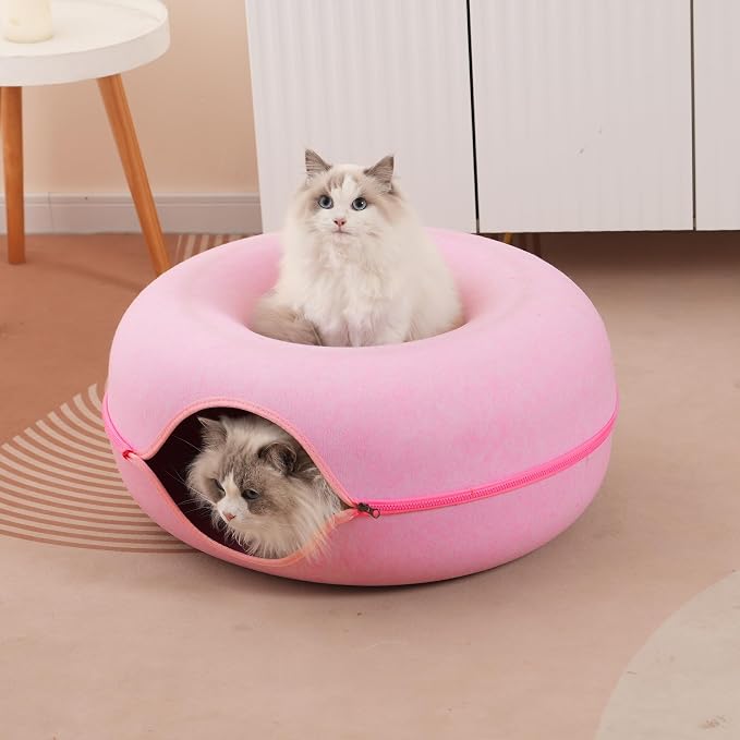 Large Cat Tunnel Bed for Indoor Cats with 3 Toys, Scratch Resistant Donut Cat Bed, Up to 30 Lbs (L 24x24x11, Pink) - Image 6