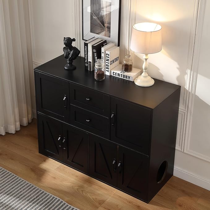 Forest Gravity Large Dog-Proof Double Cat Litter Box Enclosure with Storage for 2 Cats,Cat Washroom Cabinet with 2 Drawers,47.6'' Modern Dual Litter Box Furniture Cabinet with Compartments,Black - Image 9