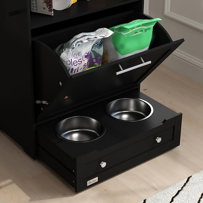 PawHut Dog Feeding Station with Raised Bowls, Pet Feeder Station, Black | Dog Food Storage Cabinet, Hanger for Feeding & Watering Supplies - Image 9