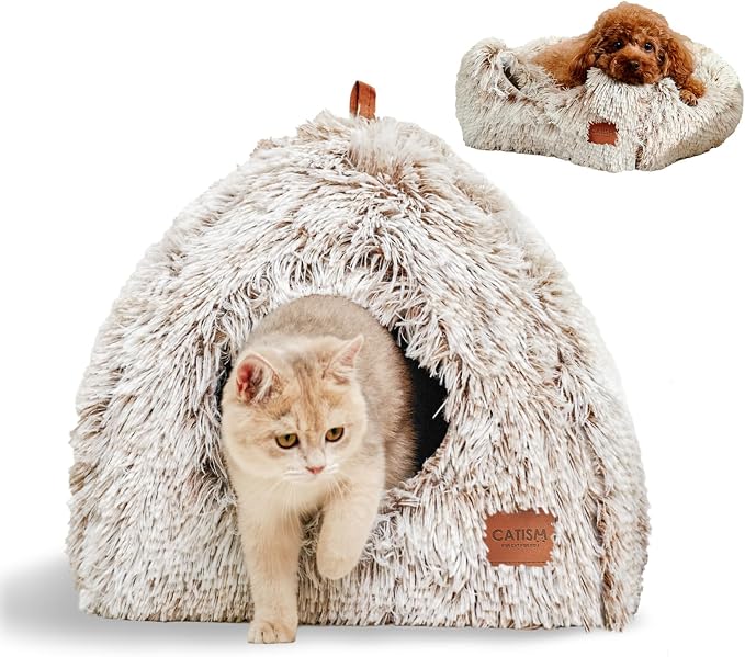 CATISM Cat Bed, Cat Cave for Indoor Cats, Soft Cat Dome, Self-Warming 2 in 1 Foldable Pet Cat House with Washable Cushioned Pillow Calming Fluffy Dog Beds for Small Dogs with Anti-Slip Bottom Brown | Soft Warm Washable Anti-Slip Bottom Removable Fluffy... - Image 9