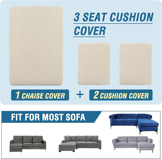 H.VERSAILTEX Sectional Couch Covers 3 Pieces Sofa Seat Cushion Covers L Shape Separate Cushion Couch Chaise Cover for Both Left/Right Sectional Couch (Seat Only: 1 Chaise + 2 Sofa, Natural) - Image 8