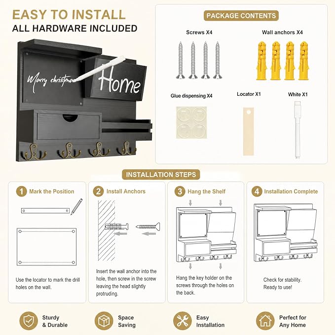 Dvobez Black Farmhouse Key Holder for Wall with Mail Organizer, 6-in-1 Entryway Organizer with Chalkboard, Drawer, Phone Wallet Holder, Top Shelf and 4 Double Hooks - Image 8