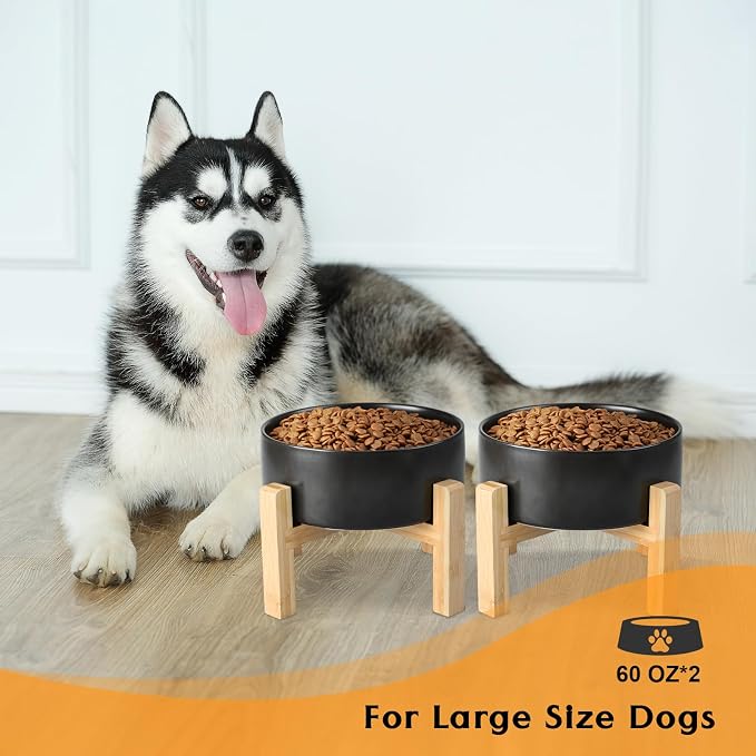 SPUNKYJUNKY Ceramic Elevated Dog Bowls 2 Pack - 8.3inch Raised Dog Bowls with Non-Slip Wooden Stand for Large Dogs Dishwasher Safe(Black,60OZ*2) - Image 7