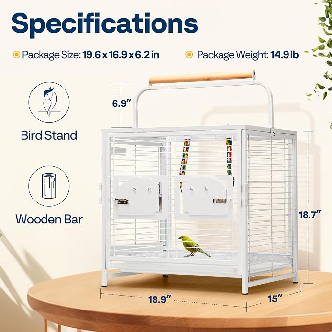 VIVOHOME 19 Inch Wrought Iron Travel Bird Cage for Cockatiel Parakeets | Bird Travel Carrier Cage with Wooden Handle/Perch, Slide-out Tray for Small Parrots Conures Lovebirds Canaries Finches, White - Image 7