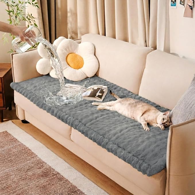 Couch Covers for Dogs, Non-Slip Pet Sofa Cover 27.6"×70.9" Grey | 300gsm Thick Quilted Padding, Faux Rabbit Fur Machine Washable, for Small 3-Seater/Large Loveseat - Image 9