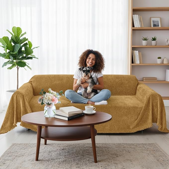 Smiry Couch Cover for Dogs, Chenille Sofa Covers for 3 Cushion Couch | Washable Soft Sofa Slipcover for Pets, Thick Sectional Furniture Protector with Tassels (Yellow, 71x91 Inch) - Image 12